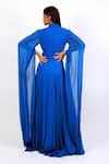 Shop_Swatee Singh_Blue Georgette Plain V Neck Exaggerated Cape Sleeve Gown _at_Aza_Fashions