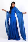 Buy_Swatee Singh_Blue Georgette Plain V Neck Exaggerated Cape Sleeve Gown _Online_at_Aza_Fashions