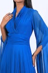 Shop_Swatee Singh_Blue Georgette Plain V Neck Exaggerated Cape Sleeve Gown _Online_at_Aza_Fashions