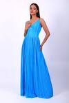 Swatee Singh_Blue Georgette Plain V Neck Shimmer Finish Maxi Gown _Online_at_Aza_Fashions