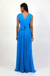 Shop_Swatee Singh_Blue Georgette Plain V Neck Pleated Flared Gown _at_Aza_Fashions