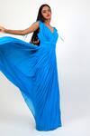 Shop_Swatee Singh_Blue Georgette Plain V Neck Pleated Flared Gown _Online_at_Aza_Fashions