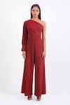 Buy_Swatee Singh_Red Lurex Plain Asymmetric Neck One Shoulder Jumpsuit _at_Aza_Fashions