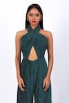 Buy_Swatee Singh_Blue Georgette Halter Neck Criss Cross Shimmer Finish Jumpsuit _Online_at_Aza_Fashions
