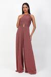 Buy_Swatee Singh_Pink Lurex Halter Neck Criss Cross Draped Jumpsuit _at_Aza_Fashions
