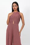 Swatee Singh_Pink Lurex Halter Neck Criss Cross Draped Jumpsuit _Online_at_Aza_Fashions