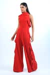Buy_Swatee Singh_Red Crepe Halter Neck Side Ruffle Detail Jumpsuit _Online_at_Aza_Fashions
