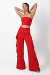 Swatee Singh_Red Heavy Crepe Plain Straight Neck Crop Top With Ruffle Pant _at_Aza_Fashions