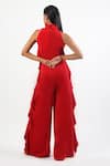 Shop_Swatee Singh_Red Crepe Halter Neck Side Ruffle Detail Jumpsuit _at_Aza_Fashions