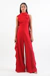 Buy_Swatee Singh_Red Crepe Halter Neck Side Ruffle Detail Jumpsuit _at_Aza_Fashions