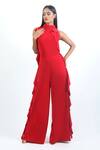 Shop_Swatee Singh_Red Crepe Halter Neck Side Ruffle Detail Jumpsuit _Online_at_Aza_Fashions
