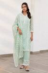 Buy_Mulmul_Green 100% Pure Mulmul Embroidered Floral V Sunderland Kurta Set _at_Aza_Fashions