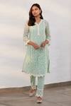 Shop_Mulmul_Green 100% Pure Mulmul Embroidered Floral V Sunderland Kurta Set _at_Aza_Fashions