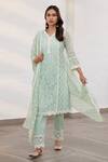 Mulmul_Green 100% Pure Mulmul Embroidered Floral V Sunderland Kurta Set _Online_at_Aza_Fashions