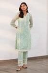 Buy_Mulmul_Green 100% Pure Mulmul Embroidered Floral V Sunderland Kurta Set _Online_at_Aza_Fashions