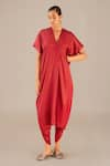 Buy_AMPM_Red Cupro V Neck Sama Tunic And Dhoti Pant Set _at_Aza_Fashions