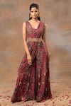 Buy_Mehak Murpana_Pink Crepe Printed Abstract V-neck Blossom Floral Jumpsuit With Drape _at_Aza_Fashions