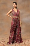 Buy_Mehak Murpana_Pink Crepe Printed Abstract V-neck Blossom Floral Jumpsuit With Drape _Online_at_Aza_Fashions