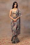 Buy_Mehak Murpana_Green Crepe Printed And Embroidered Floral Ruffle Re-draped Saree & Blouse Set_at_Aza_Fashions