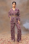 Buy_Mehak Murpana_Purple Crepe Printed And Embroidered Floral V Neck Peplum Top & Pant Set_at_Aza_Fashions