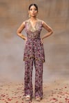 Mehak Murpana_Purple Crepe Printed And Embroidered Floral V Neck Asymmetric Top & Pant Set _Online_at_Aza_Fashions