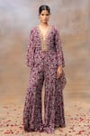 Buy_Mehak Murpana_Purple Crepe Printed And Embroidered Floral Deep V Batwing Sleeve Jumpsuit _at_Aza_Fashions