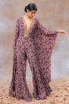 Mehak Murpana_Purple Crepe Printed And Embroidered Floral Deep V Batwing Sleeve Jumpsuit _Online_at_Aza_Fashions