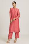 Buy_Urvashi Kaur_Coral Chanderi Silk Embroidered Stripe Round Button Down Tunic _Online_at_Aza_Fashions