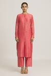 Shop_Urvashi Kaur_Coral Chanderi Silk Embroidered Stripe Round Button Down Tunic _Online_at_Aza_Fashions