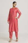 Buy_Urvashi Kaur_Coral Chanderi Silk Embroidered Stitchline Pant  _at_Aza_Fashions