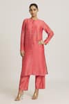 Shop_Urvashi Kaur_Coral Chanderi Silk Embroidered Stitchline Pant  _at_Aza_Fashions