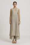 Urvashi Kaur_Silver Chanderi Silk Round Handblock Printed Straight Tunic  _at_Aza_Fashions