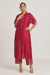 Buy Urvashi Kaur Red Chanderi Silk Shawl Neck Button Down Shirt Dress at Aza Fashions Buy_Urvashi Kaur_Red Chanderi Silk Shawl Neck Button Down Shirt Dress _at_Aza_Fashions