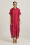 Urvashi Kaur Red Chanderi Silk Shawl Neck Button Down Shirt Dress at Aza Fashions Urvashi Kaur_Red Chanderi Silk Shawl Neck Button Down Shirt Dress _at_Aza_Fashions