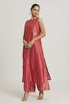 Shop_Urvashi Kaur_Coral Striped Tissue Silk Wide Legged Pant  _at_Aza_Fashions