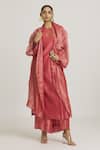 Buy_Urvashi Kaur_Coral Silk, Tissue Open Neck Asymmetric Overlay Jacket _at_Aza_Fashions