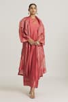 Urvashi Kaur_Coral Silk, Tissue Open Neck Asymmetric Overlay Jacket _Online_at_Aza_Fashions