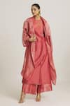 Buy_Urvashi Kaur_Coral Silk, Tissue Open Neck Asymmetric Overlay Jacket _Online_at_Aza_Fashions