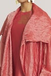 Shop_Urvashi Kaur_Coral Silk, Tissue Open Neck Asymmetric Overlay Jacket _Online_at_Aza_Fashions