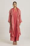 Urvashi Kaur_Coral Silk, Tissue Open Neck Asymmetric Overlay Jacket _at_Aza_Fashions
