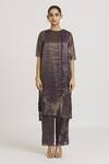 Urvashi Kaur_Purple Zari Tissue Silk Woven Stripe Boat Neck Tunic _Online_at_Aza_Fashions