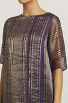 Urvashi Kaur_Purple Zari Tissue Silk Woven Stripe Boat Neck Tunic _at_Aza_Fashions