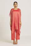 Urvashi Kaur_Coral Zari Tissue Silk Woven Stripe Square Neck Dress  _at_Aza_Fashions