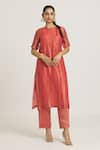 Buy_Urvashi Kaur_Coral Chanderi Silk Woven Stripe Round Tunic _at_Aza_Fashions