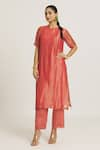 Shop_Urvashi Kaur_Coral Chanderi Silk Woven Stripe Round Tunic _Online_at_Aza_Fashions