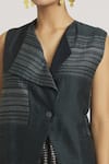 Shop_Urvashi Kaur_Black Chanderi Silk Stripe Woven Waistcoat _Online_at_Aza_Fashions