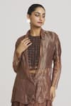 Urvashi Kaur_Brown Zari Kota Silk Woven Checkered Pattern Notched Lapel Blazer  _Online_at_Aza_Fashions