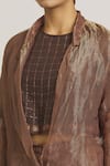 Shop_Urvashi Kaur_Brown Zari Kota Silk Woven Checkered Pattern Notched Lapel Blazer  _Online_at_Aza_Fashions