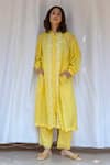 Buy_Ayaka_Yellow Viscose Tabby Hand Embroidered Floral High Neck Tunic  _at_Aza_Fashions