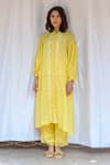 Ayaka_Yellow Viscose Tabby Hand Embroidered Floral High Neck Tunic  _Online_at_Aza_Fashions